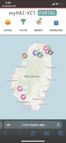 Screenshot of myHAZ-VCT portal with multiple observations displayed on map of St Vincent